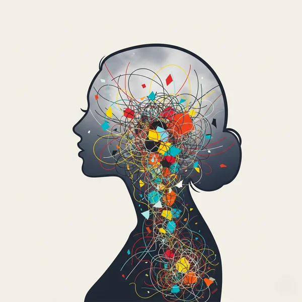 Arte abstracto de la mente de una mujer mostrando caos interno.