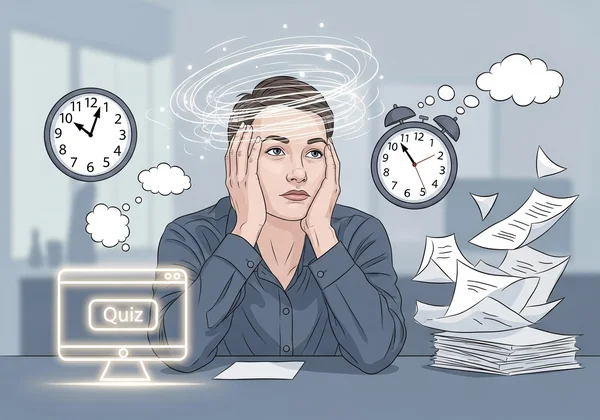 Adult contemplating ADHD symptoms, quiz concept
