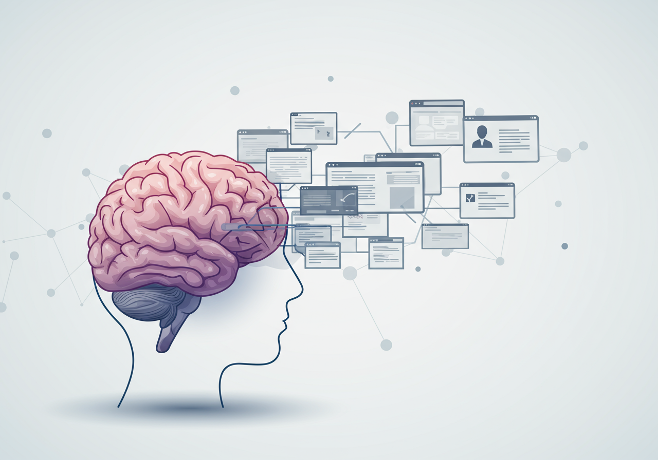 Overwhelmed brain with many tabs open, ADHD metaphor