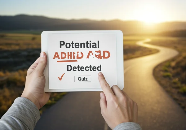 Person looking at ADHD quiz results on a tablet screen.