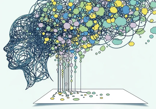 Abstract art of thoughts flowing from a head onto paper.