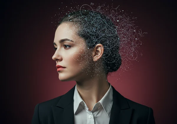 Woman appearing calm outside, chaotic thoughts within.