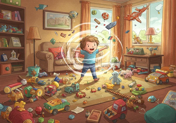 A preschooler playing with many toys in a whirlwind of energy.