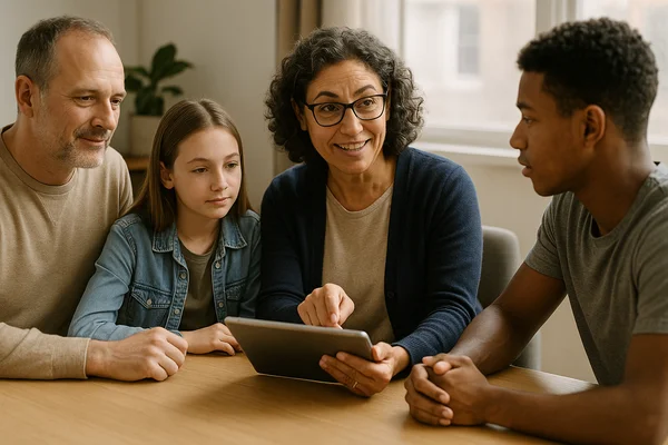 Diverse group gathered around a tablet