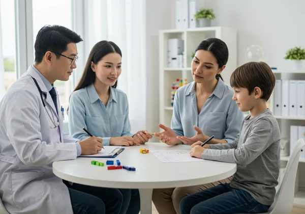 Parent and child consult with a healthcare professional