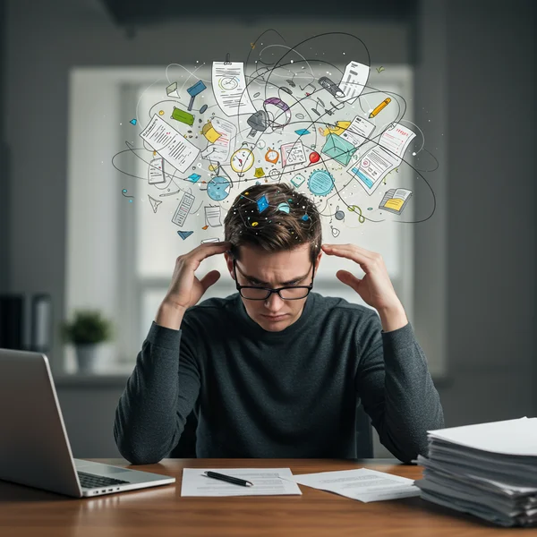 Person struggling to focus on tasks due to mind chaos.