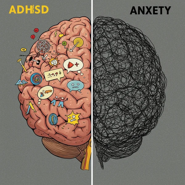Two distinct thought bubbles, ADHD and anxiety traits.