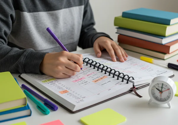 Teen using a planner with structured study tools