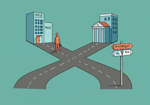 Illustration of choosing between a psychologist and psychiatrist.