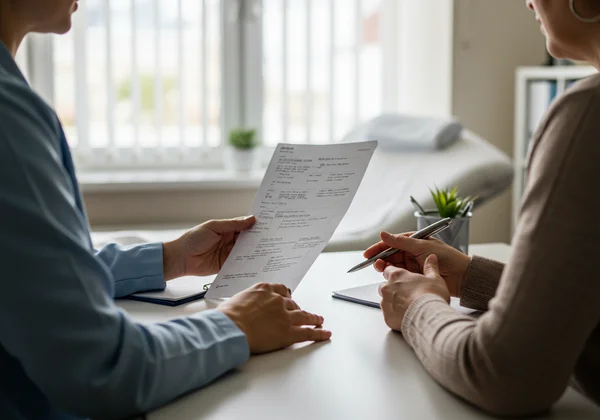 Patient discussing ADHD symptoms with a doctor in an office.