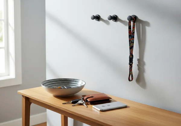 Una mesa de entrada organizada con llaves, cartera y teléfono.