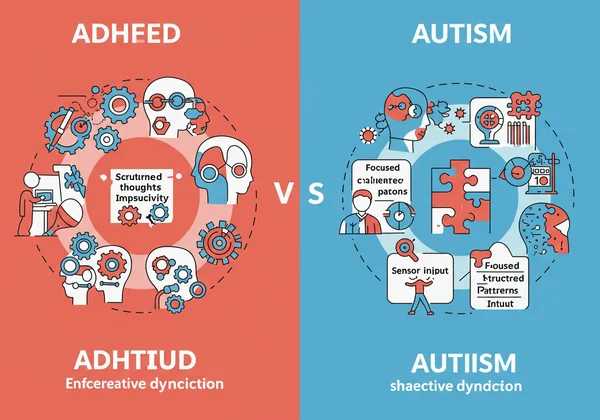 Infographic comparing ADHD and Autism symptoms.