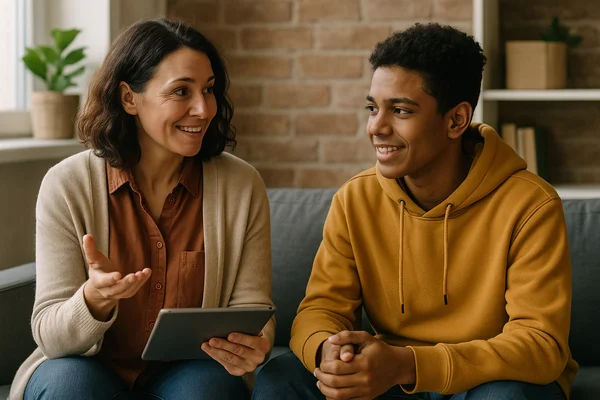 Woman and young man talking on a couch